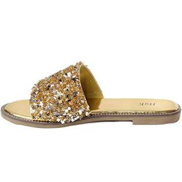 H2K Womens Glitter Bling Fancy Slide Flat Low Wedge Sparkle Sandals Shoes Dream, 5, Gold