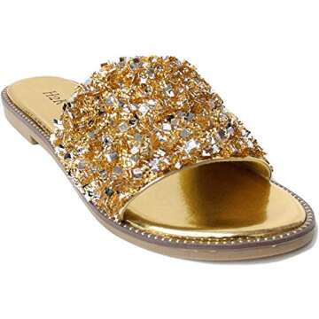 H2K Womens Glitter Bling Fancy Slide Flat Low Wedge Sparkle Sandals Shoes Dream, 5, Gold