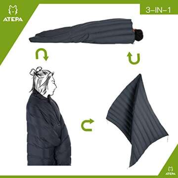 ATEPA 4-in-1 Warm Down Travel Blanket - Lightweight & Packable