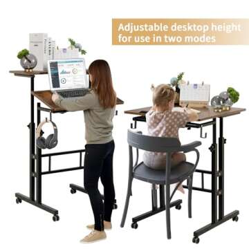 SIDUCAL Mobile Standing Desk, Portable Stand Up Desk, Small Adjustable Standing Desk Converter with Wheels Home Office Workstation, Rolling Desk Laptop Cart for Standing or Sitting, Rustic Brown