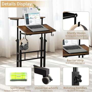SIDUCAL Mobile Standing Desk, Portable Stand Up Desk, Small Adjustable Standing Desk Converter with Wheels Home Office Workstation, Rolling Desk Laptop Cart for Standing or Sitting, Rustic Brown