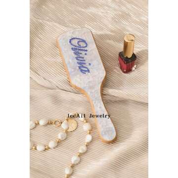 Custom Hair Brush For Woman Blue Sugar Color Brush with Colorful Rhinestone Name | Natural Wooden Ba...