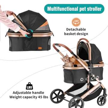 EchoSmile 4 in 1 Pet Stroller, Folding Lightweight Cat & Dog Stroller with Detachable Carrier, NO-Zi...