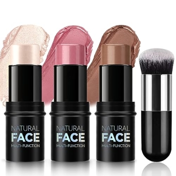 NewBang 3 Pcs Cream Blush Contour Highlighter Stick for Cheeks Eyes Lips Lightweight Dewy Finish Blu...