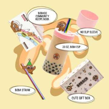 BobaGO Reusable Boba Cup with Straw, Bubble Tea Cup with Recipe Book, Reusable Boba Cups with Lids, Boba Tumbler, Boba Tea Cup and Boba Jar, Bubble Tea Gift Set with Cup 17 ounce… (Pink Blossom, 20oz)