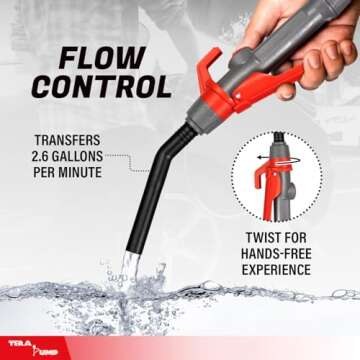 TERA PUMP Fuel Transfer Pump w/Quick Flow Control Nozzle & Telescopic Tube - 3X Powerful D Battery Powered, 39" Vinyl Discharge Hose, Portable Battery Pump For Gas, Diesel, Water (2.6 GPM)