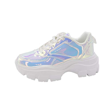 LUCKY STEP Women 90S Chunky Platform Reflective Sneakers - White Hologram Casual Lace-Up Walking Dad...