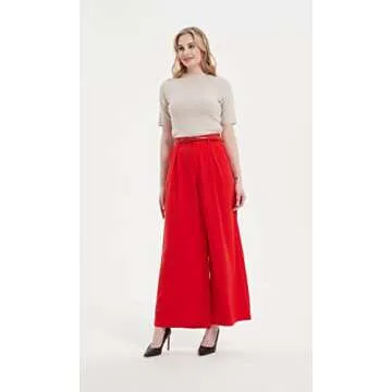 Tronjori Women High Waist Casual Wide Leg Long Palazzo Pants Trousers Regular Size(XS,Fiery Red Short)