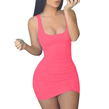 GOBLES Women's Casual Summer Sleeveless Mini Sexy Bodycon Tank Club Dress Fluo Pink