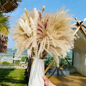 85PCS Pampas Grass Decor Natural Dried Flower Bouquet with Reed Bunny Tails Fluffy Boho Decoration for Home Wedding DIY Arrangement 17.5"