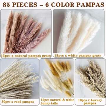 85PCS Pampas Grass Decor Natural Dried Flower Bouquet with Reed Bunny Tails Fluffy Boho Decoration for Home Wedding DIY Arrangement 17.5"