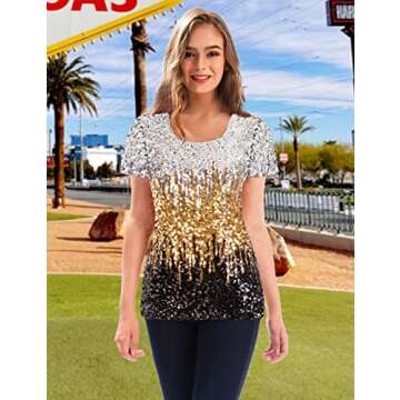 MANER Women's Full Sequin Tops Short Sleeve Sparkle Shirt Shimmer Glitter Party Blouses. (Silver/Gol...