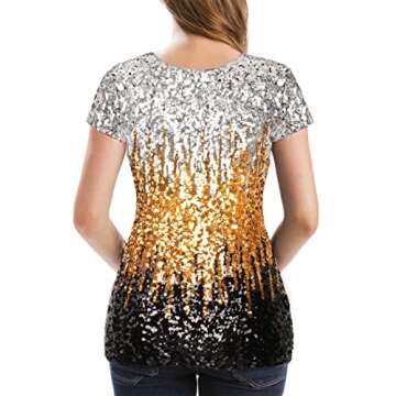 MANER Women's Full Sequin Tops Short Sleeve Sparkle Shirt Shimmer Glitter Party Blouses. (Silver/Gold/Black, XL/US 16-18)