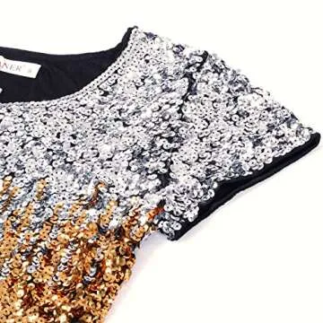 MANER Women's Full Sequin Tops Short Sleeve Sparkle Shirt Shimmer Glitter Party Blouses. (Silver/Gold/Black, XL/US 16-18)