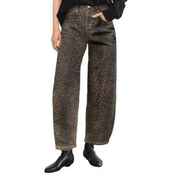 Mid Rise Leopard Print Barrel Jeans for Women Stylish Boyfriend Wide Leg Baggy Denim Pants Trendy Pr...