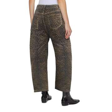 Mid Rise Leopard Print Barrel Jeans for Women Stylish Boyfriend Wide Leg Baggy Denim Pants Trendy Printed Pants (Dark Leopard,Small,Small)