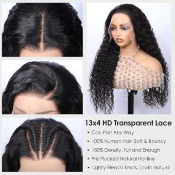 Alibeauty 13x4 HD Transparent Lace Front Wigs Human Hair Pre Plucked Hairline with Baby Hair 180 Density Brazilian Water Wave Wigs for Black Women(14 Inch)