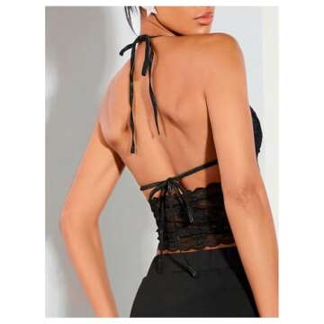 BEAUDRM Women's Sexy Lace Corset Top Halter Neck Lace Up Front Crop Top Y2K Backless Tie Tank Black ...