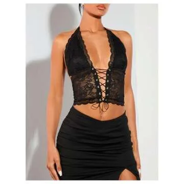 BEAUDRM Women's Sexy Lace Corset Top Halter Neck Lace Up Front Crop Top Y2K Backless Tie Tank Black Small