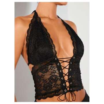 BEAUDRM Women's Sexy Lace Corset Top Halter Neck Lace Up Front Crop Top Y2K Backless Tie Tank Black Small
