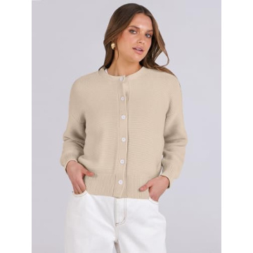 Caracilia Cardigan Sweaters for Women Cropped Open Front Tweed Knit Button Down Dressy Casual Jacket 2025 Spring Outwear Apricot Small