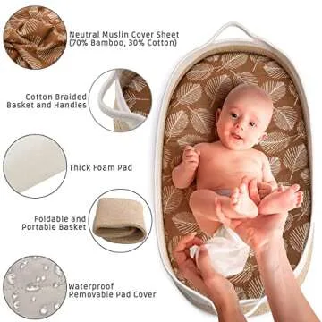 Handmade Baby Changing Basket - Cotton Rope Basket - Moses Basket - with Thick Foam Pad, Removable Waterproof Mattress Cover and Gender-Neutral Muslin Sheet - Diaper Changing Station - Upgraded Design