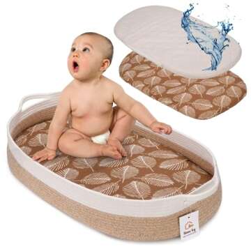 Handmade Baby Changing Basket - Cotton Rope Basket - Moses Basket - with Thick Foam Pad, Removable Waterproof Mattress Cover and Gender-Neutral Muslin Sheet - Diaper Changing Station - Upgraded Design
