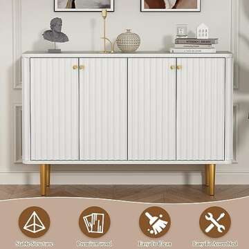 HLR Sideboard Buffet Cabinet, 48" Modern Accent Cabinet with 4 Door and Removable Shelves, Credenza Entryway Cabinet with Storage for Living Room, Dinning Room, Ivory White