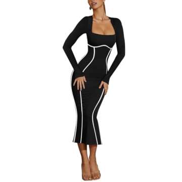 Lrady Women's Square Neck Long Sleeve Cocktail Dress