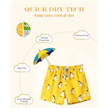 SURF CUZ Surfcuz Little Boys Swim Trunks UPF 50+ Toddler Beach Shorts Swimsuit Kids Quick Dry Swimwear(Gold - Penguin 2T)