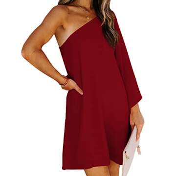 LYANER Women's One Shoulder Batwing Sleeve Asymmetric Hem Mini Dress #Wine Red Small