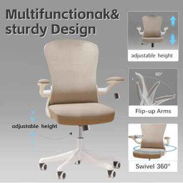 SICHY AGE Office Chair, Ergonomic Desk Chair with Flip-Armrest & Cushion for Lumbar Support, Mid Back Computer Chair with Thickened Cushion, Desk Chair Comfy with Wheels for Study and Work, Khaki