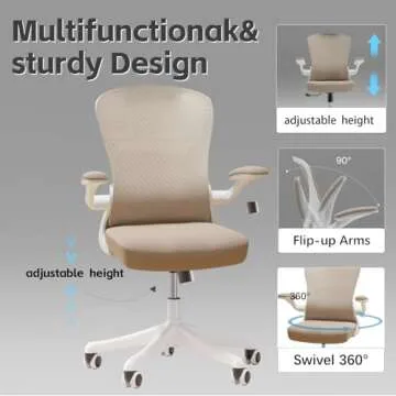 SICHY AGE Office Chair, Ergonomic Desk Chair with Flip-Armrest & Cushion for Lumbar Support, Mid Back Computer Chair with Thickened Cushion, Desk Chair Comfy with Wheels for Study and Work, Khaki