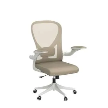 SICHY AGE Office Chair, Ergonomic Desk Chair with Flip-Armrest & Cushion for Lumbar Support, Mid Back Computer Chair with Thickened Cushion, Desk Chair Comfy with Wheels for Study and Work, Khaki