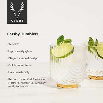 Viski Gatsby Lowball Glasses, Vintage Drinking Tumblers for Whiskey, Scotch & Bourbon, Art Deco Ripp...