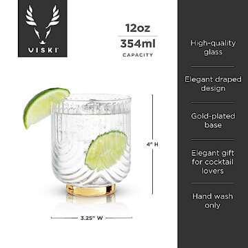 Viski Gatsby Lowball Glasses, Vintage Drinking Tumblers for Whiskey, Scotch & Bourbon, Art Deco Ripple Glassware Arch Design, Gold Plated Base Crystal Drinking Set, Set of 2 , 12oz