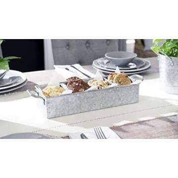 WH Walford Home Galvanized Metal Storage Tray – Rustic Farmhouse Decor Caddy with Handles – Functional & Decorative Vintage Style 4 Compartment Cutlery & Napkin Organizer Box