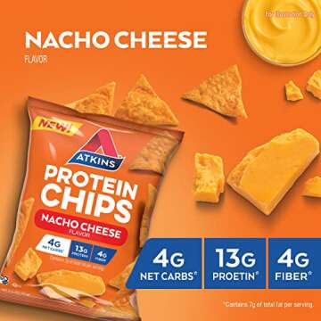 Atkins Nacho Cheese Protein Chips, 4g Net Carbs, 13g Protein, Gluten Free, Low Glycemic, Keto Friendly, 12 Count