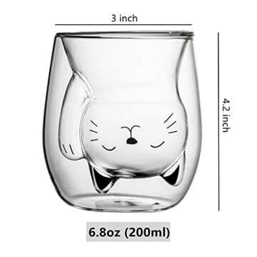 ANSQU Cute Mug Cat Tea Double Wall Glass Coffee Mugs, Espresso Shot Glass, Milk Mug (200 ml/6.8 oz),...