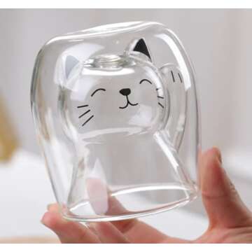 ANSQU Cute Mug Cat Tea Double Wall Glass Coffee Mugs, Espresso Shot Glass, Milk Mug (200 ml/6.8 oz), Personal Birthday Gifts and Holiday Gifts
