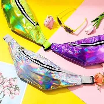 12 Pieces Holographic Fanny Packs Shiny Neon Waist Bags Waterproof 80s Running Fanny Pack Outdoor Sport Waist Pack with Adjustable Belt for Women Men Girls Kids Outdoor Running Cycling, 6 Colors