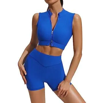 PINSPARK Women's 2 Piece Workout Sets Outfits Ribbed Seamless Set Zip Tank High Waist Yoga Leggings Activewear Royal Blue XS
