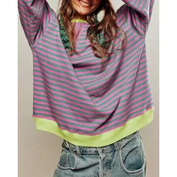 WICDIC Women Classic Striped Oversized Crewneck Dupes Color Block Long Sleeve Casual Sweatshirt Loos...