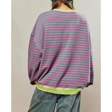 WICDIC Women Classic Striped Oversized Crewneck Dupes Color Block Long Sleeve Casual Sweatshirt Loose Pullover