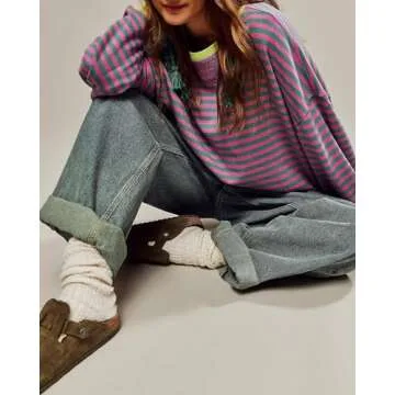WICDIC Women Classic Striped Oversized Crewneck Dupes Color Block Long Sleeve Casual Sweatshirt Loose Pullover