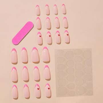 diduikalor Alomd Press on Nails Medium Pink Valentines Fake Nails Acrylic False Nails with Hearts Design Glossy Full Cover Stick on Nails for Women Girls