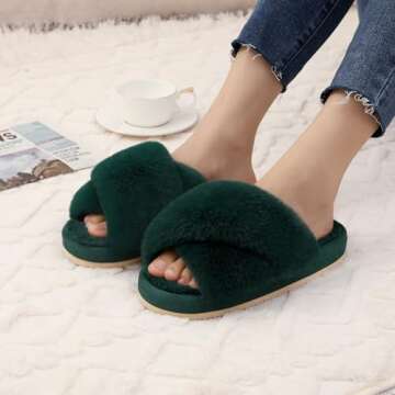 Comwarm Women's Stylish Cross Band Fuzzy Slippers - Cozy Plush Indoor & Outdoor Green Size 5-6.5