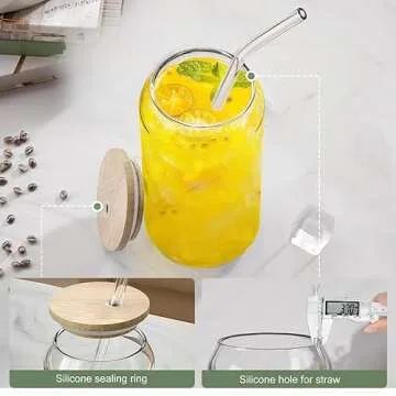 Freshmage 4 PCS Glass Cups with Bamboo Lids and Straws and Stirring Spoon. 16 Oz Ice Glass Coffee Cups, Drinking and Beer Glasses for Whiskey, Tea, Soda, Water…
