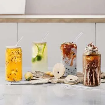 Freshmage 4 PCS Glass Cups with Bamboo Lids and Straws and Stirring Spoon. 16 Oz Ice Glass Coffee Cups, Drinking and Beer Glasses for Whiskey, Tea, Soda, Water…