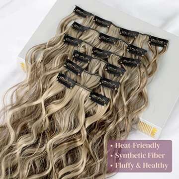 LONAI Clip In Hair Extensions, 6PCS Curly 24" Long Synthetic Clip On Hairpiece For Women Cool Brown with Blonde Highlights